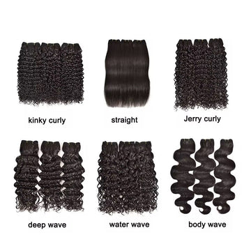 Various 100% human hair bundles including Virgin, 12A grade, and Double Drawn textures