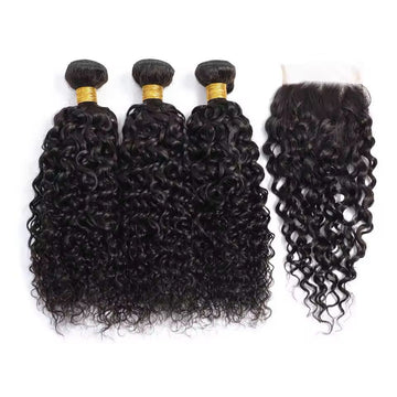 10A Virgin Human Hair Deep Wave Bundles with Closure – 3 Bundles + 1 Closure in 1B