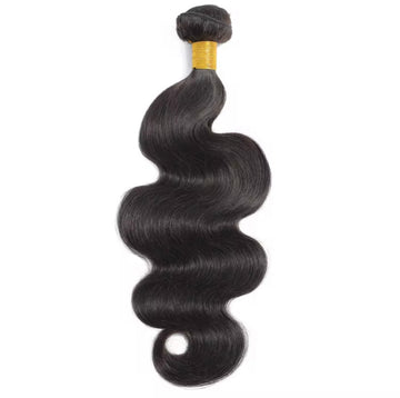 10A virgin body wave human hair bundle in 1B natural black with soft, flowing waves