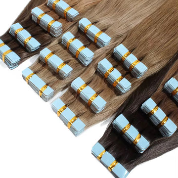Luxury 12A tape-in hair extensions in color 1B natural black, 100% human hair, 50g per pack with 20 pieces.