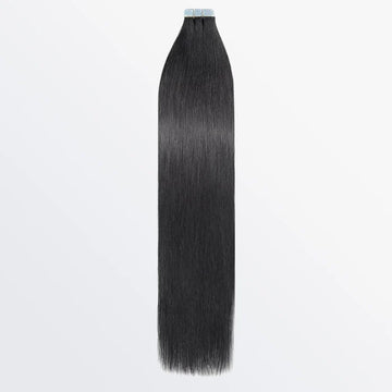 Luxury 12A tape-in hair extensions in color 1B natural black, 100% human hair, 100g per pack with 40 pieces.