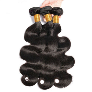 Set of three raw body wave human hair bundles in 1B color – 18”, 20”, 22”, 100g each, 12A grade quality