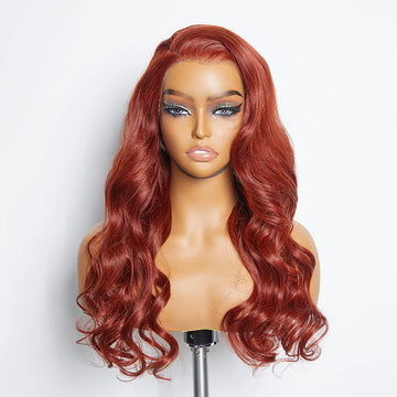 24″ Body Wave Glueless Lace Frontal Wig – 13×4 Wear & Go, 100% Human Hair in Red Brown