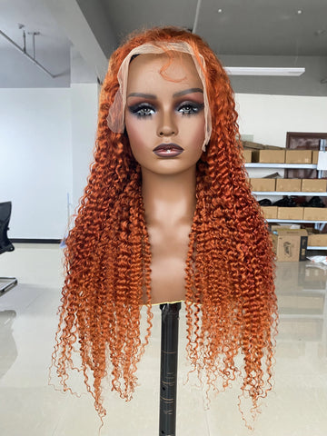 13x4 HD Lace Frontal Wig Ginger Orange Deep Curly 180% Density Human Hair