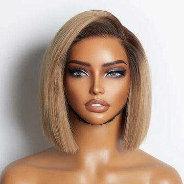 8-Inch Ash Blonde Ombre Blunt Cut Bob – Glueless Minimalist HD Lace Wig, Ready-to-Wear Style