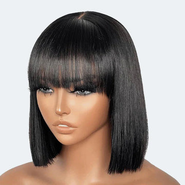 12-Inch Yaki Straight Bob with Bangs – 2x1 Minimalist Lace Wig, 150% Density for a Natural Look