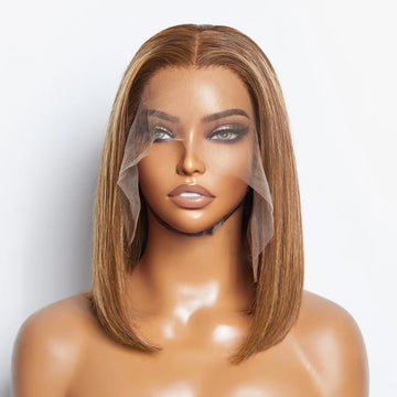 12-Inch 13x4 Straight Bob Lace Frontal Wig #P4/27 – 100% Human Hair, Natural Highlighted Look