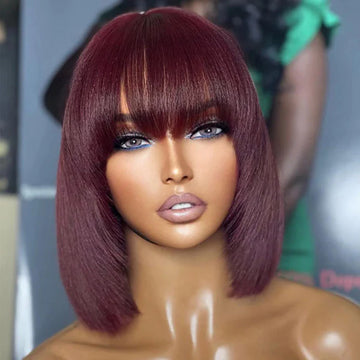10-Inch Reddish Purple Yaki Straight Layered Lace Bob Wig with Bangs – #99J Bold & Stylish Look