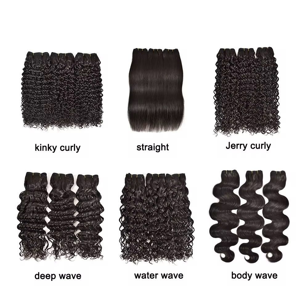 Various 100% human hair bundles including Virgin, 12A grade, and Double Drawn textures