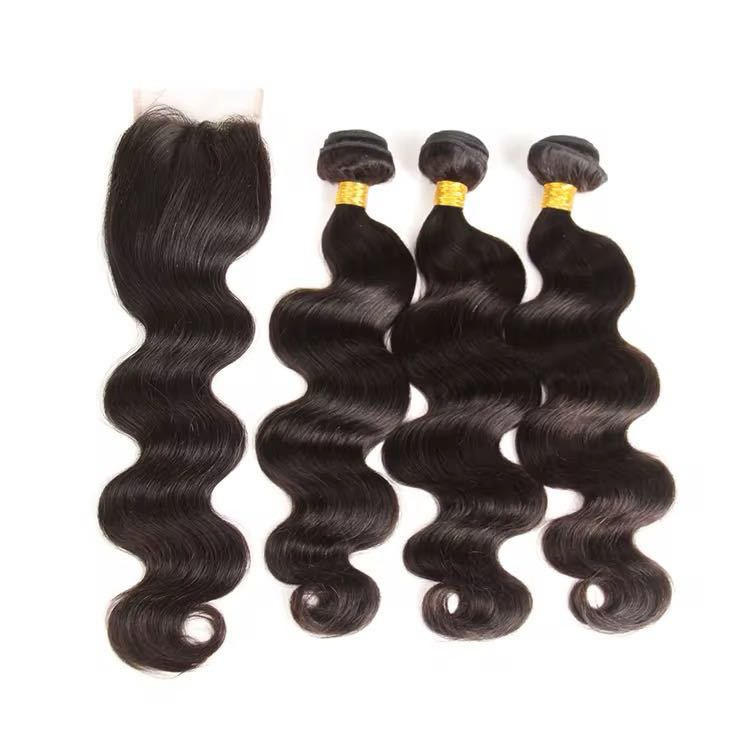 10A Virgin Body Wave Hair Bundles with 4x4 Closure – 3 Bundles Set in 1B Natural Black