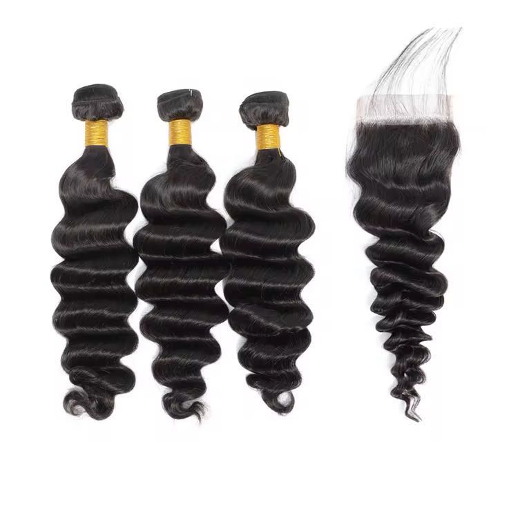 10A Virgin Loose Wave Hair Bundles with 4x4 Closure – Natural Black 3 Bundle Set