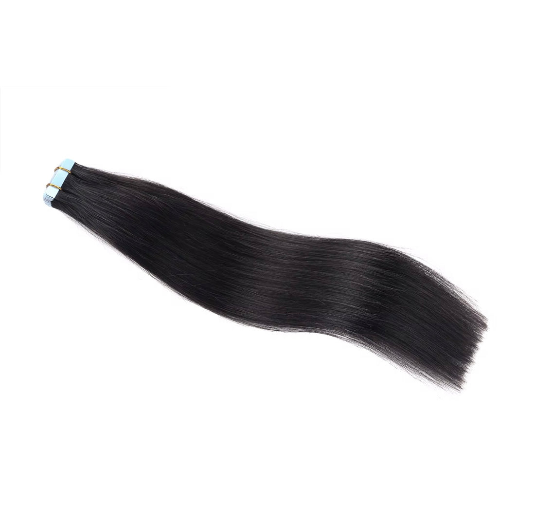 Luxury 12A tape-in hair extensions in color 1B natural black, 100% human hair, 100g per pack with 40 pieces.