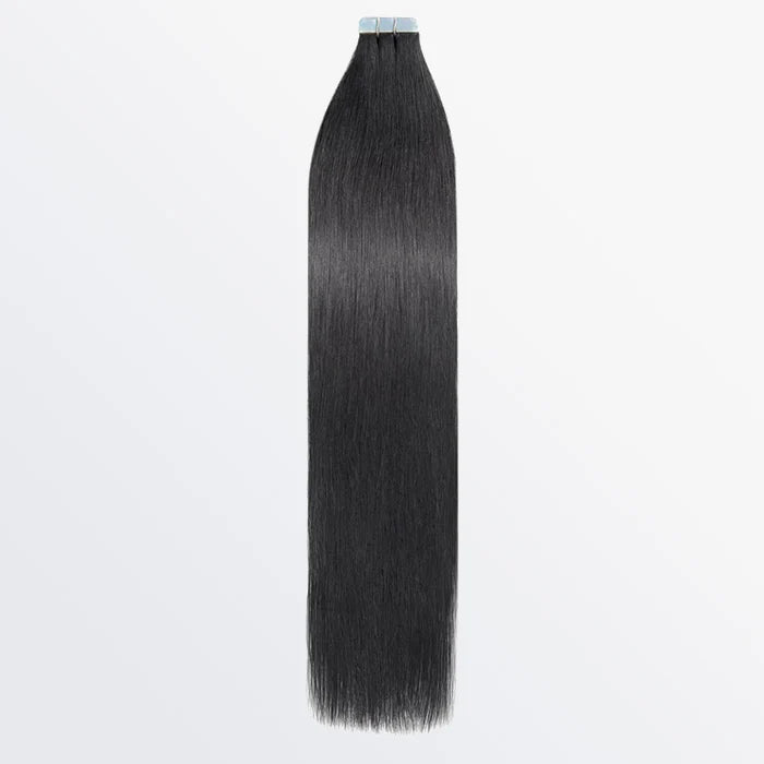 Luxury 12A tape-in hair extensions in color 1B natural black, 100% human hair, 100g per pack with 40 pieces.