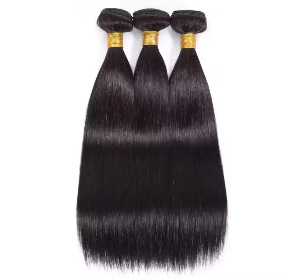 Three 1B raw straight human hair bundles, 12A grade, 100g each – smooth, unprocessed, and ideal for sleek styling
