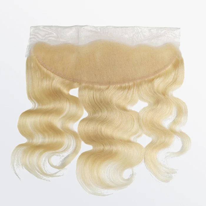 13x4 HD lace frontal in #613 blonde body wave, free part, 100% human hair, 14–20 inches