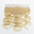 13x4 HD lace frontal in #613 blonde body wave, free part, 100% human hair, 14–20 inches