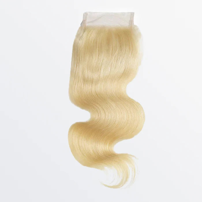 #613 blonde 4x4 lace closure, body wave texture, 12A grade human hair, 12–20 inch