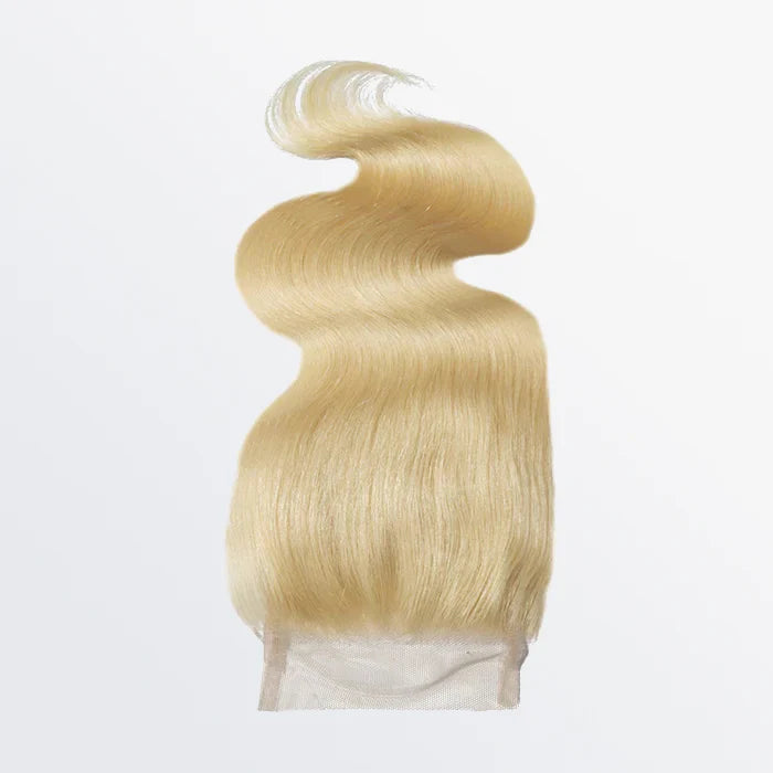 #613 blonde 4x4 lace closure, body wave texture, 12A grade human hair, free part, 12–20 inch
