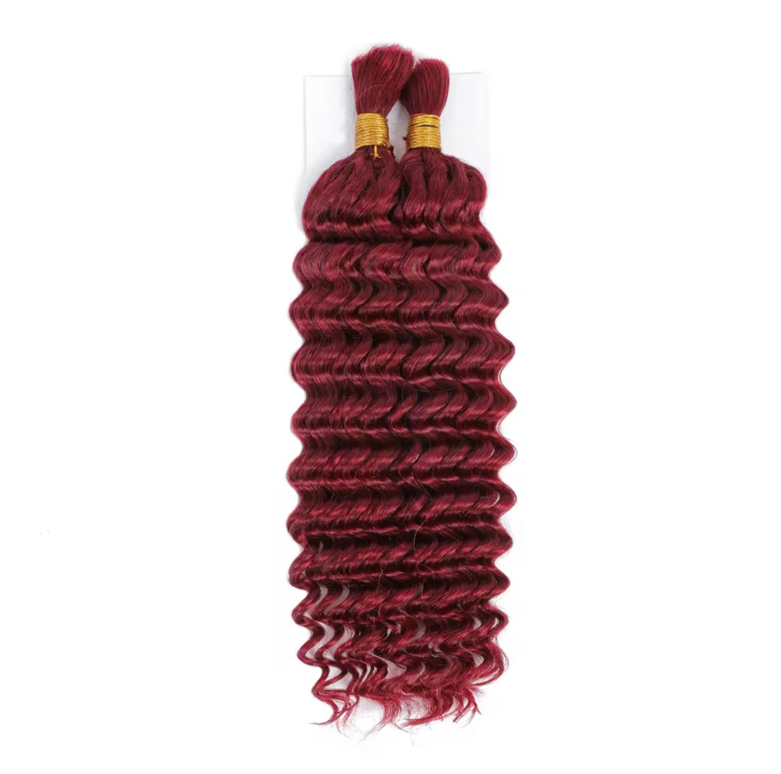 Bundle of 99J Brazilian Virgin Deep Wave 100g bulk hair for boho braiding, 10A grade quality