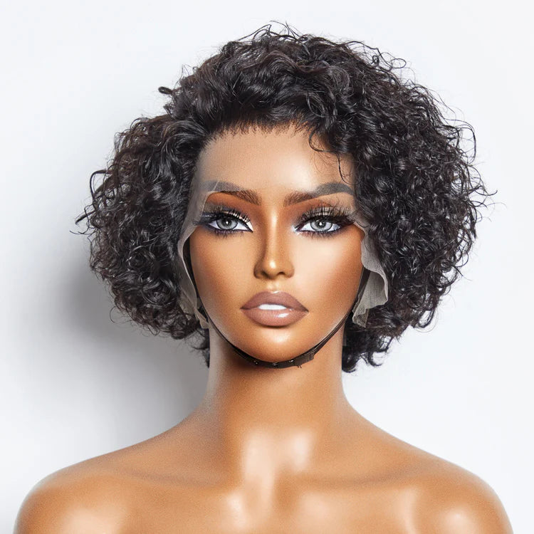 8″ Curly Pixie Cut Lace Front Wig – 13×4 Frontal, Pre-Bleached Knots, 150% Density, Brazilian Virgin Hair