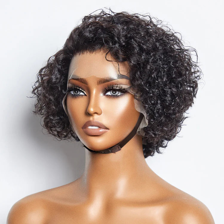 8″ Curly Pixie Cut Lace Front Wig – 13×4 Frontal, Pre-Bleached Knots, 150% Density, Brazilian Virgin Hair