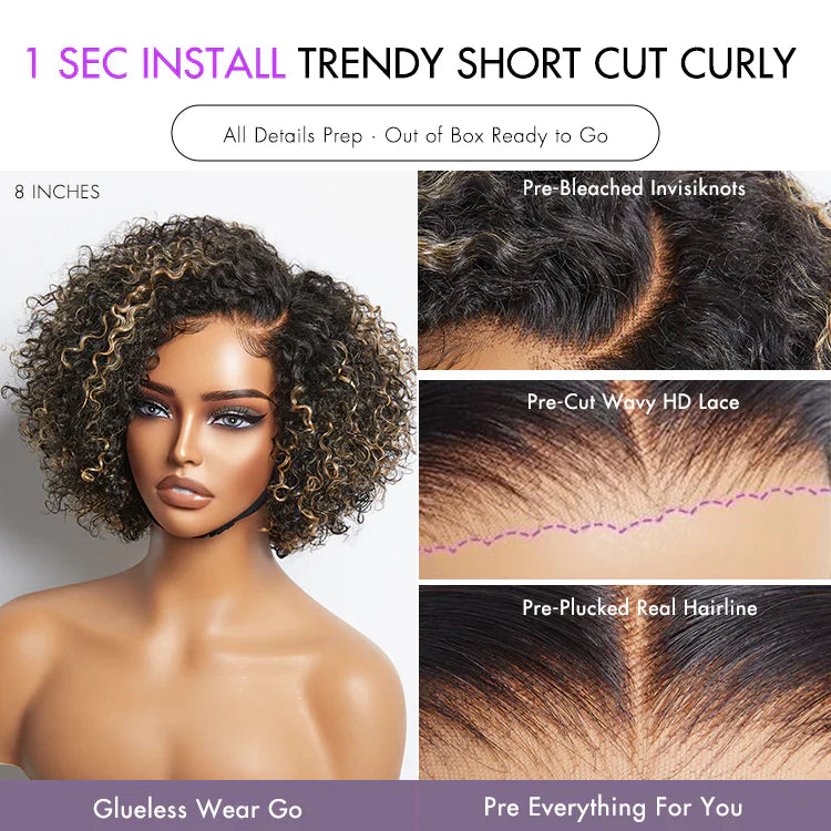 8″ Short Curly Side Part Wig – Trendy Cut, Glueless Minimalist HD Lace Wig