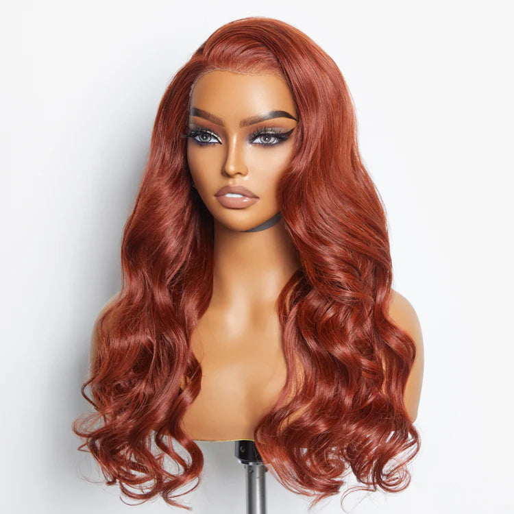24″ Body Wave Glueless Lace Frontal Wig – 13×4 Wear & Go, 100% Human Hair in Red Brown
