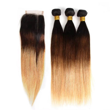 1B/4/27 Straight Human Hair Bundles with Closure – 3 Bundles + 1 Lace Closure Set