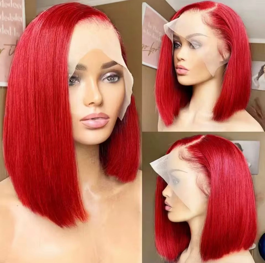 14” Pink Synthetic Bob Wig with 6x6 transparent lace front. Soft, stylish short bob wig for a natural, trendy look.