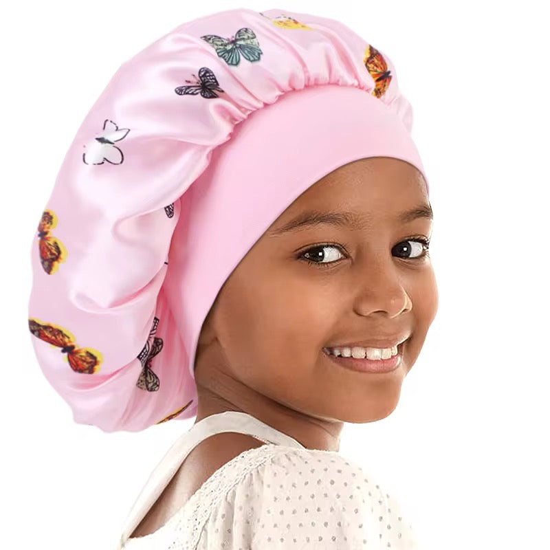 Kids Satin Bonnet – Butterfly Print Sleep Cap for Girls, Soft Hair Protection for Nighttime Use