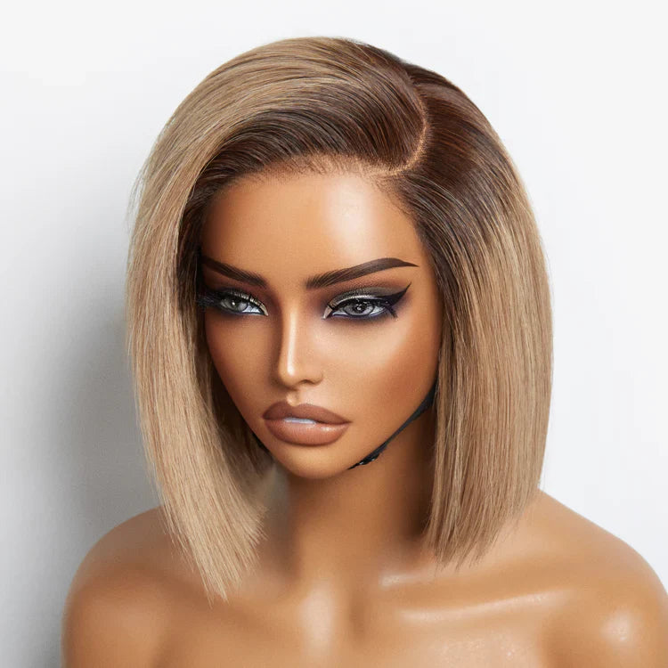 8-Inch Ash Blonde Ombre Blunt Cut Bob – Glueless Minimalist HD Lace Wig, Ready-to-Wear Style