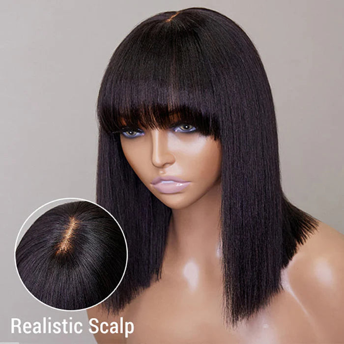 12-Inch Yaki Straight Bob with Bangs – 2x1 Minimalist Lace Wig, 150% Density for a Natural Look