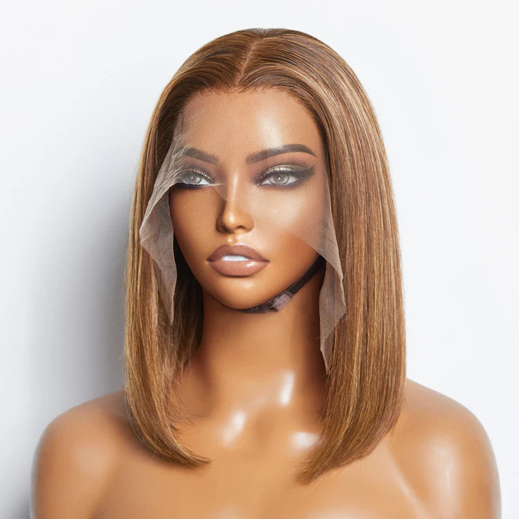 12-Inch 13x4 Straight Bob Lace Frontal Wig #P4/27 – 100% Human Hair, Natural Highlighted Look