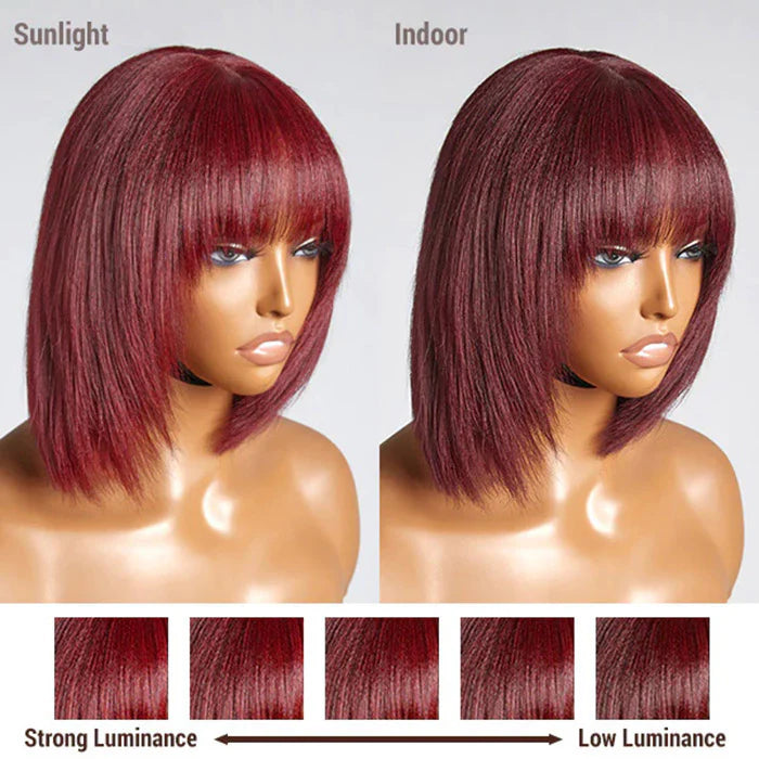 10-Inch Reddish Purple Yaki Straight Layered Lace Bob Wig with Bangs – #99J Bold & Stylish Look