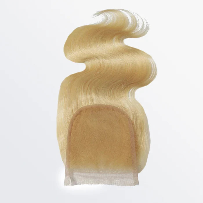 #613 blonde 4x4 lace closure, body wave texture, 12A grade human hair, free part, 12–20 inch