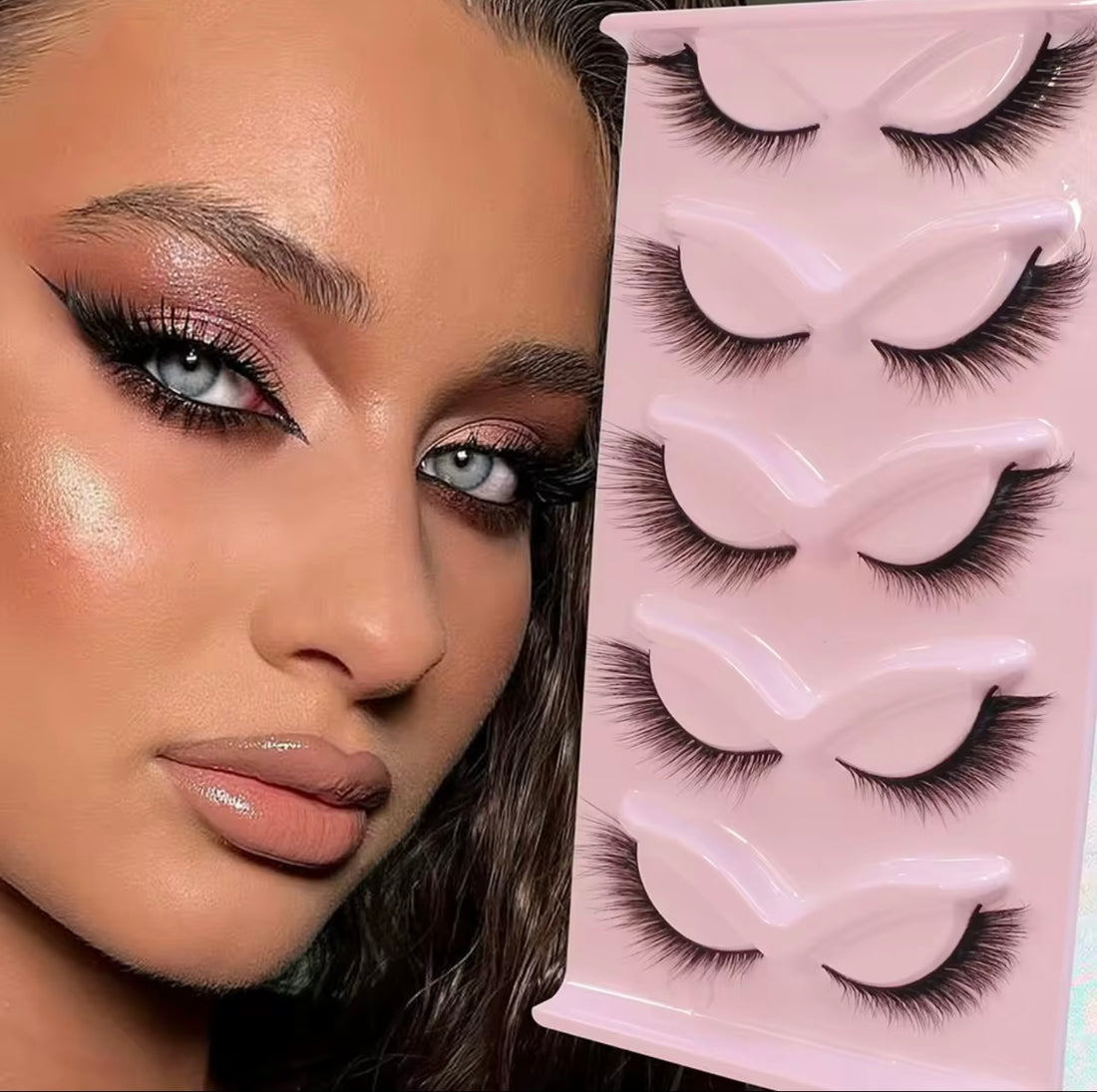 5 pairs of cat eye faux mink lashes showcasing a natural, wispy look.
