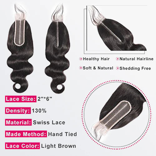 2x6 transparent lace closure, body wave texture, natural black #1B, slim design, 100% virgin human hair, 12 to 20 inch