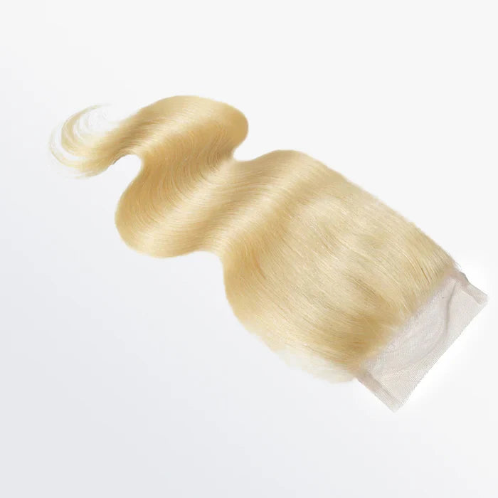 #613 blonde 4x4 lace closure, body wave texture, 12A grade human hair, free part, 12–20 inch
