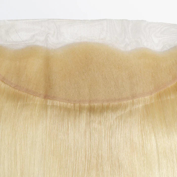 Close-up of HD lace on 613 blonde straight frontal, transparent lace