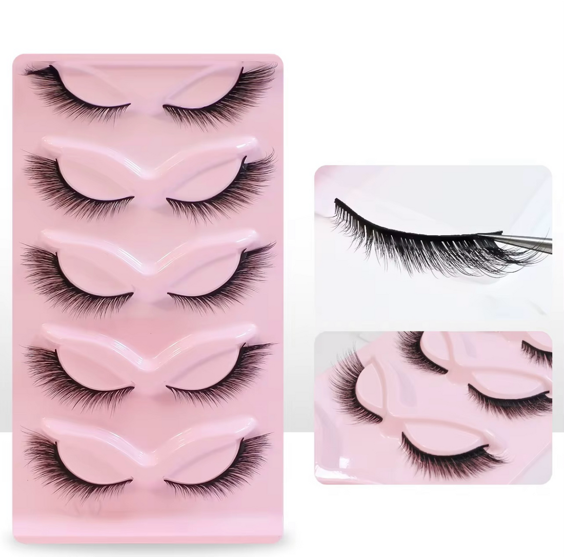 5 pairs of cat eye faux mink lashes showcasing a natural, wispy look.