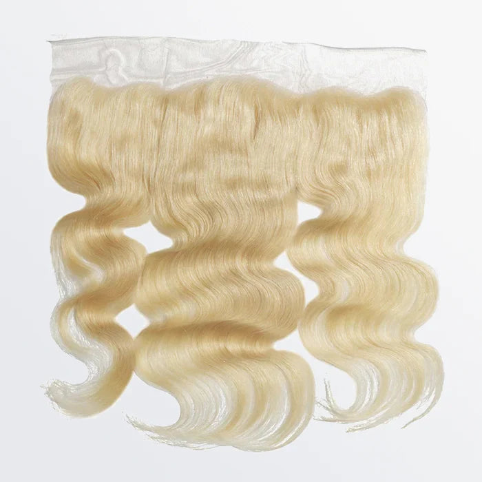 13x4 HD lace frontal in #613 blonde body wave, free part, 100% human hair, 14–20 inches