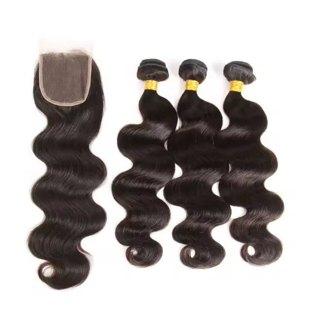 10A Virgin Body Wave Hair Bundles with 4x4 Closure – 3 Bundles Set in 1B Natural Black