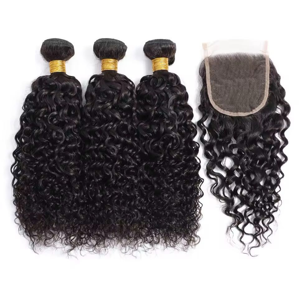 10A Virgin Human Hair Deep Wave Bundles with Closure – 3 Bundles + 1 Closure in 1B